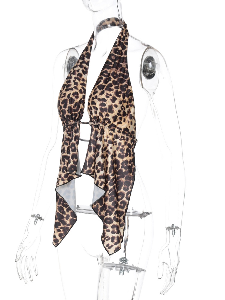 BOOFEENAA Cheetah Print Y2k Crop Tops Lace Up Open Back Halter Top Cardigan Women Sexy Club Clothes Summer 2025 P16-AF10