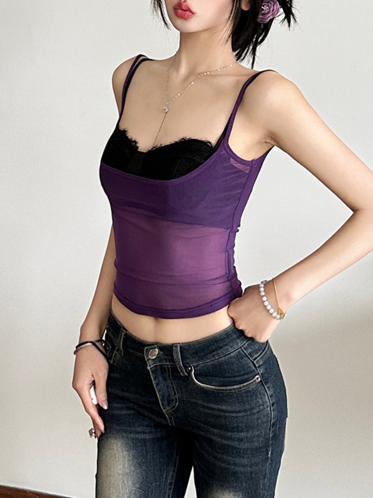 BOOFEENAA Sexy Summer Top for Women Tanks & Camis Black Lace Bralette and See Through Mesh Crop Tops Club Wear P94-BF10