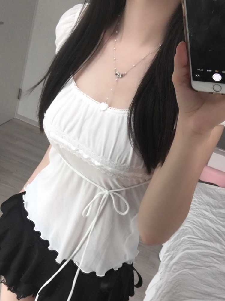 BOOFEENAA Bubble Sleeve Square Neck Mesh Shirts & Blouses Shoujo Girl Style White Summer Tops Cutecore Clothes P67-BF13