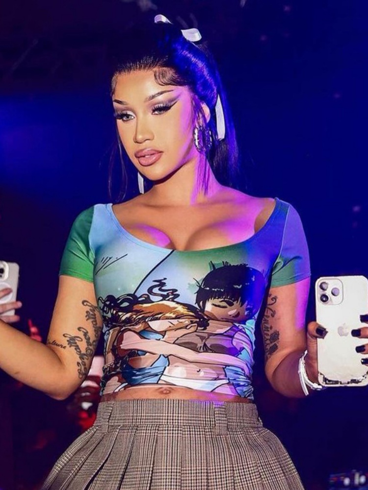 BOOFEENAA Cartoon Printed Graphic T Shirts Streetwear Y2k 2000s Short Sleeve Sexy Crop Top Summer Clothes Women 2024 D85-AF10