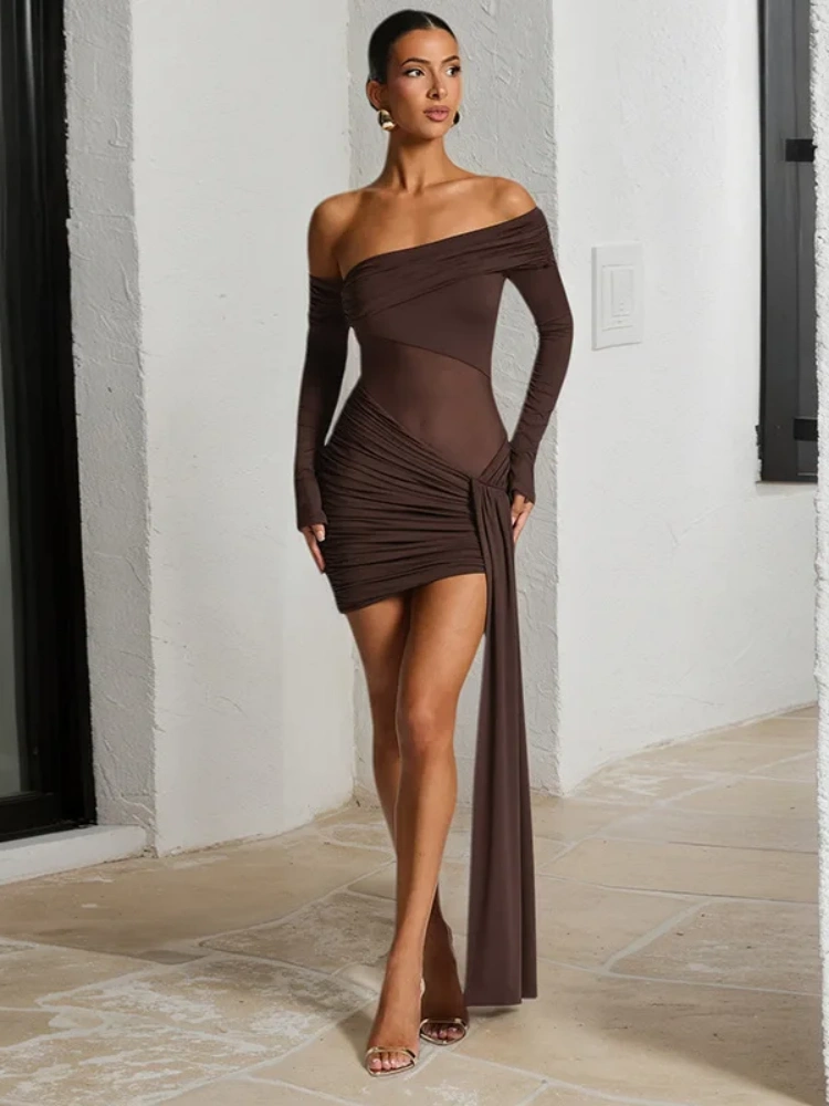BOOFEENAA Elegant Asymmetrical Brown Party Dresses Woman Off Shoulder Long Sleeve Draped Mini Dress Fall 2025 N85-DF32