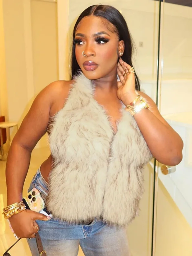 BOOFEENAA Fluffy Faux Fur Halter Top Lace Up Open Back Sleeveless Tops Sexy Club Clothes for Woman Autumn Winter 2025 D85-DA13