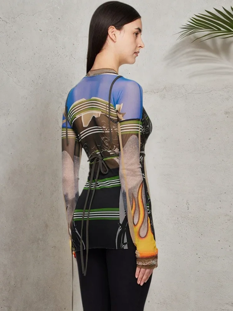 BOOFEENAA See Through Mesh Print Graphic Tee Side Slit Asymmetrical Top Tight Long Sleeve Shirts Streetwear Clothing D85-CC14