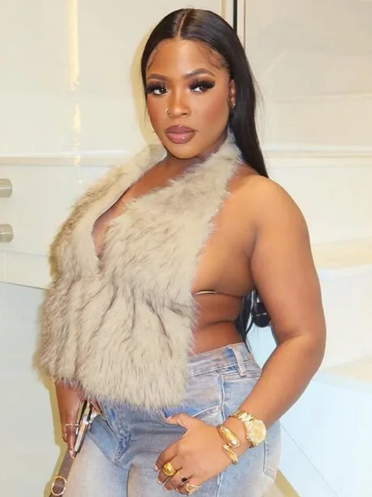 BOOFEENAA Fluffy Faux Fur Halter Top Lace Up Open Back Sleeveless Tops Sexy Club Clothes for Woman Autumn Winter 2025 D85-DA13