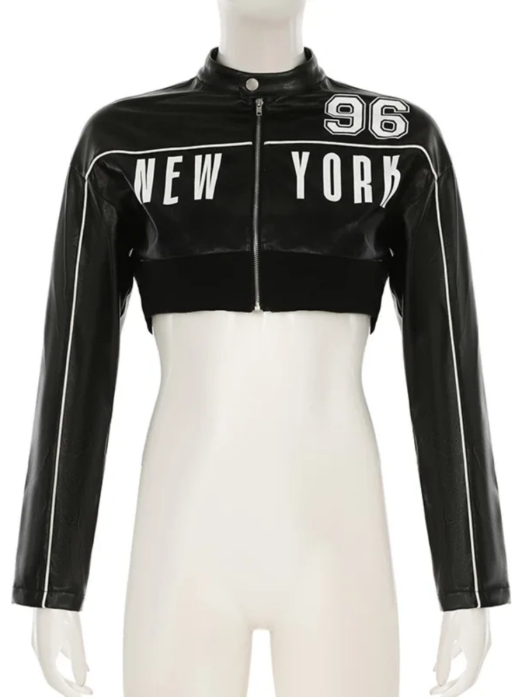BOOFEENAA Letter Print Black PU Leather Jacket Streetwear Autumn Winter Clothes Woman Trendy Zip Up Cropped Jacket D56-DI27