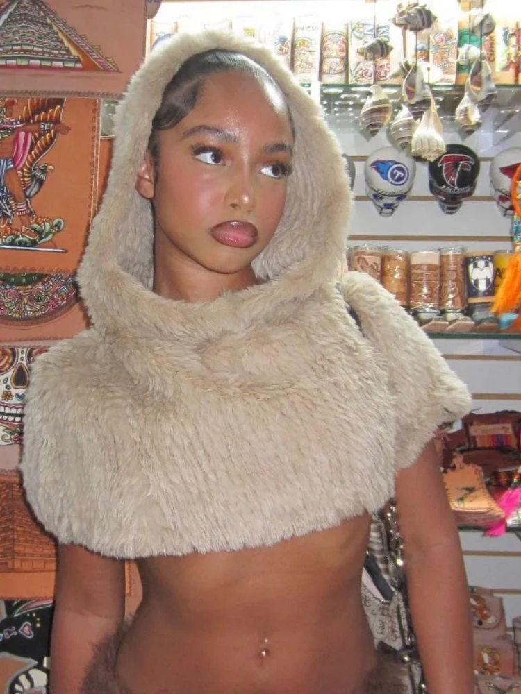 BOOFEENAA Khaki Faux Fur Cloak Hooded Cape Woman Streetwear Winter Jackets and Coats for Women D56-CZ32