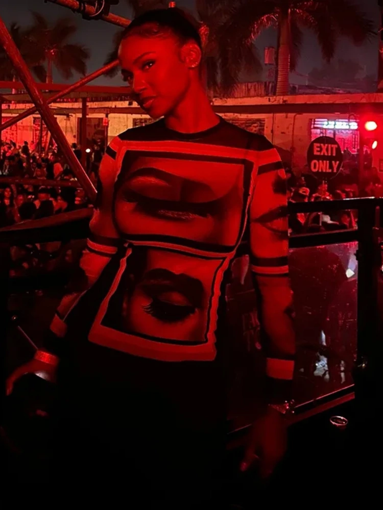 BOOFEENAA See Through Mesh Print Long Sleeve Tops Sexy Graphic T Shirts Woman Clothes 2025 Autumn D17-BB13