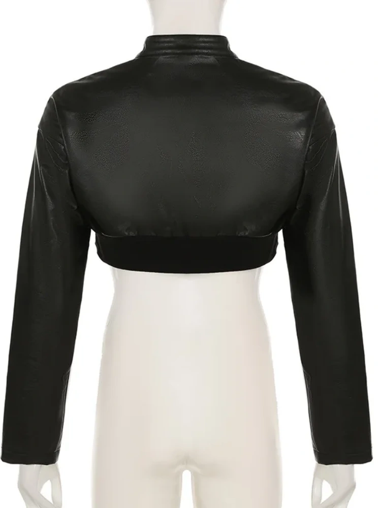 BOOFEENAA Letter Print Black PU Leather Jacket Streetwear Autumn Winter Clothes Woman Trendy Zip Up Cropped Jacket D56-DI27