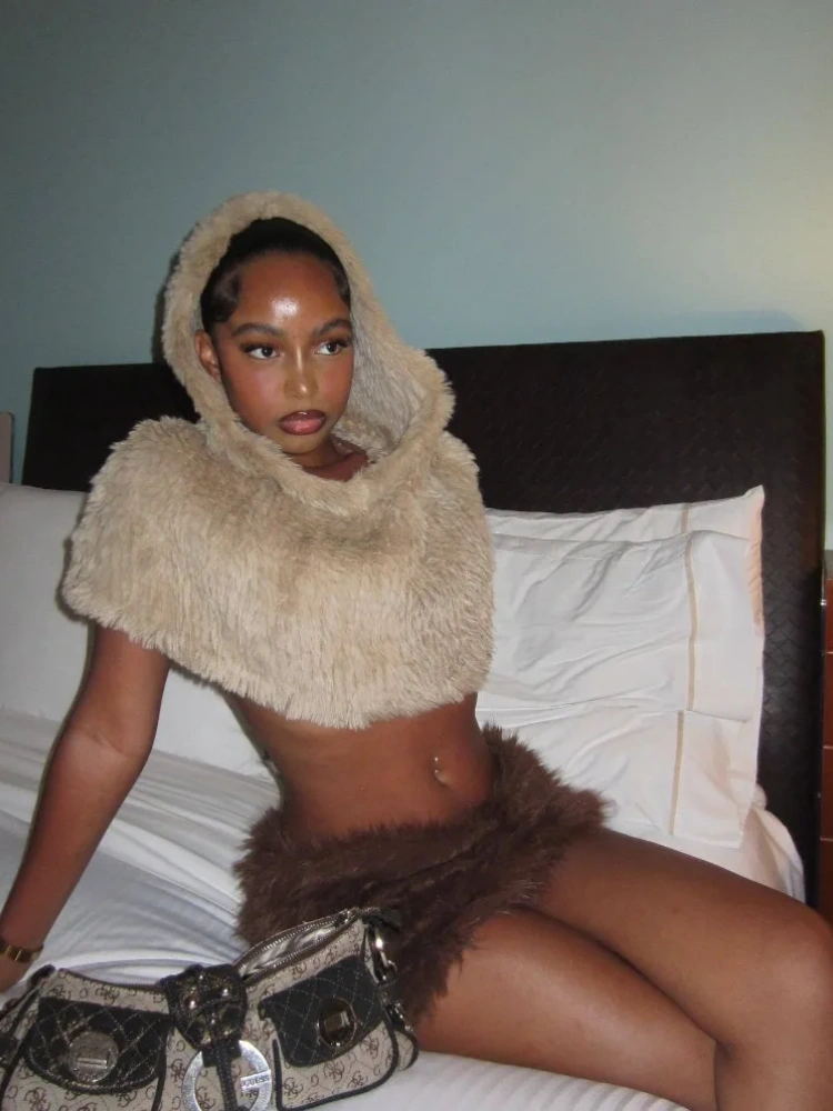 BOOFEENAA Khaki Faux Fur Cloak Hooded Cape Woman Streetwear Winter Jackets and Coats for Women D56-CZ32