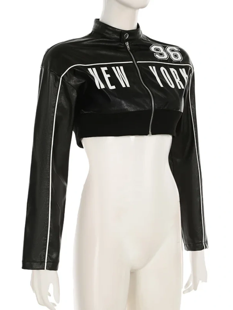 BOOFEENAA Letter Print Black PU Leather Jacket Streetwear Autumn Winter Clothes Woman Trendy Zip Up Cropped Jacket D56-DI27