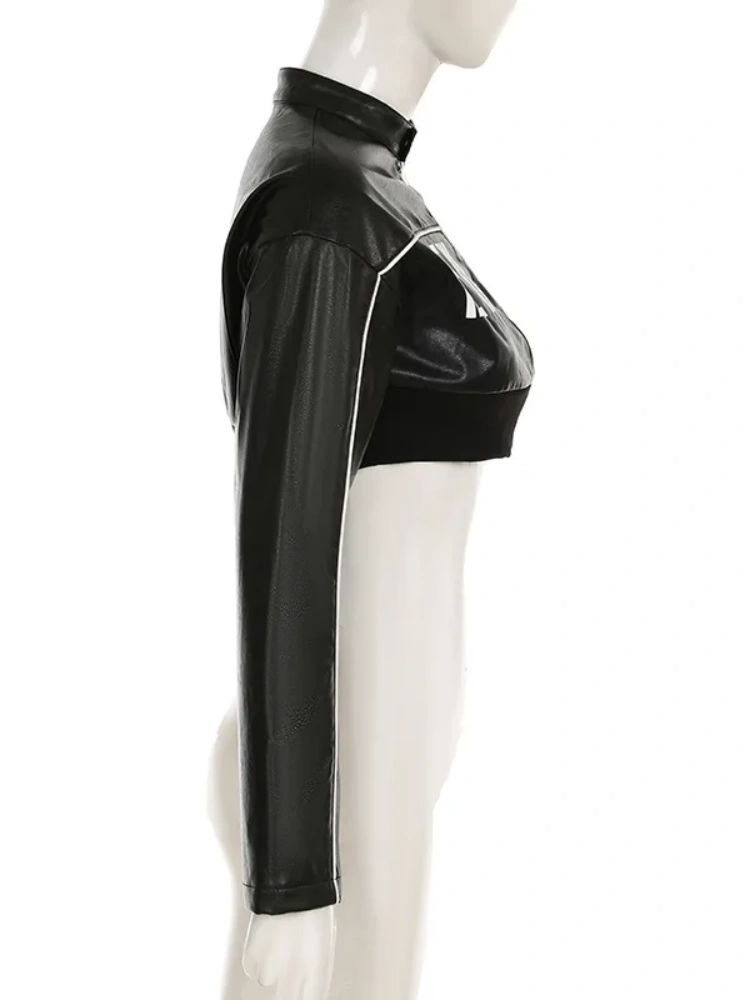 BOOFEENAA Letter Print Black PU Leather Jacket Streetwear Autumn Winter Clothes Woman Trendy Zip Up Cropped Jacket D56-DI27