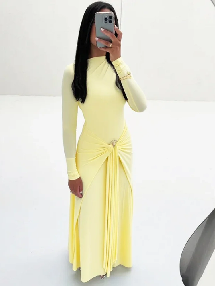 BOOFEENAA Long Sleeve Draped Maxi Dress Old Money Style Woman Elegant Black Dresses Autumn Winter 2025 D96-EZ54