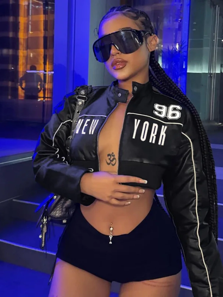 BOOFEENAA Letter Print Black PU Leather Jacket Streetwear Autumn Winter Clothes Woman Trendy Zip Up Cropped Jacket D56-DI27