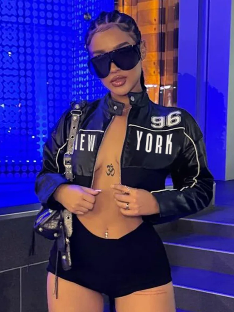BOOFEENAA Letter Print Black PU Leather Jacket Streetwear Autumn Winter Clothes Woman Trendy Zip Up Cropped Jacket D56-DI27