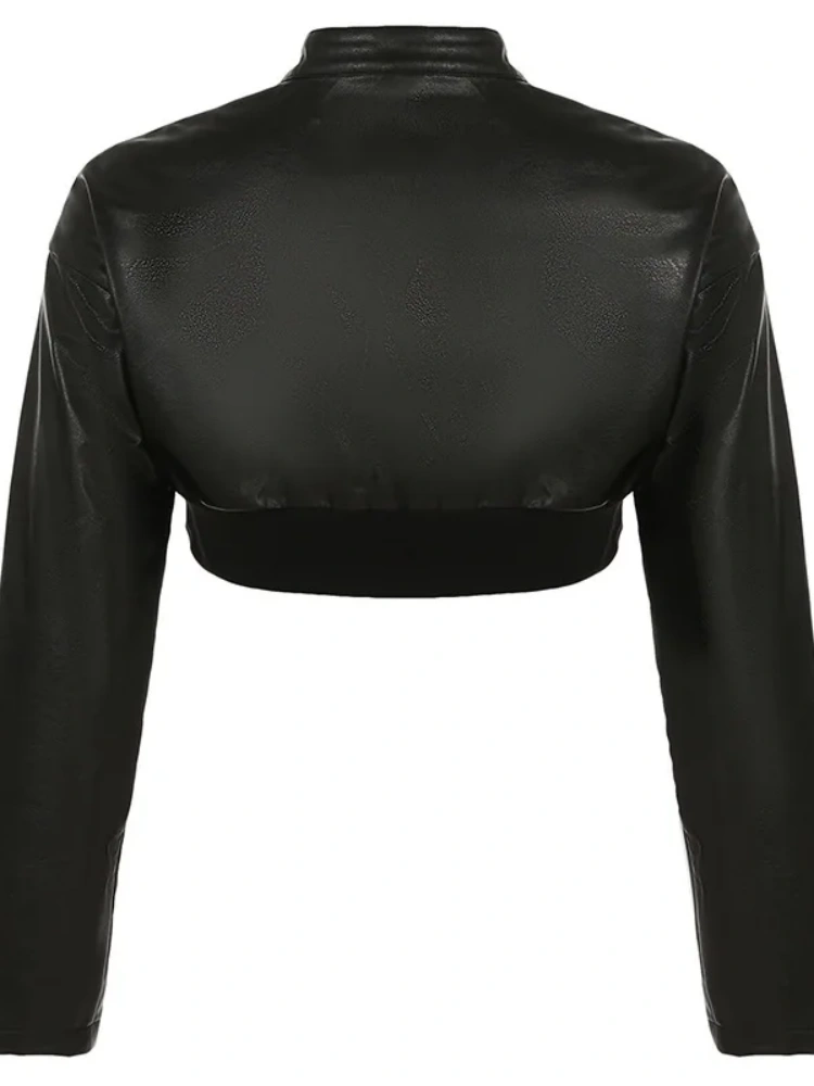 BOOFEENAA Letter Print Black PU Leather Jacket Streetwear Autumn Winter Clothes Woman Trendy Zip Up Cropped Jacket D56-DI27