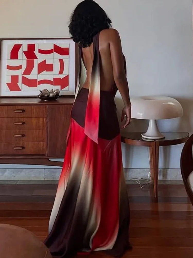 BOOFEENAA Gradient Printed Cowl Neck Backless Long Flowy Dresses for Summer 2025 Elegant Vacation Outfits Woman C83-CF41