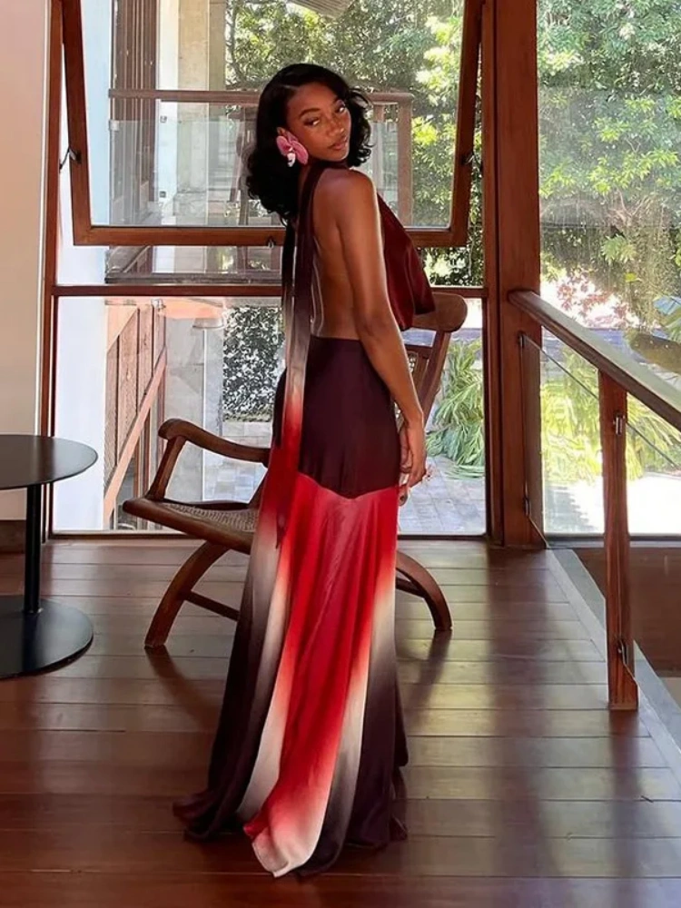 BOOFEENAA Gradient Printed Cowl Neck Backless Long Flowy Dresses for Summer 2025 Elegant Vacation Outfits Woman C83-CF41