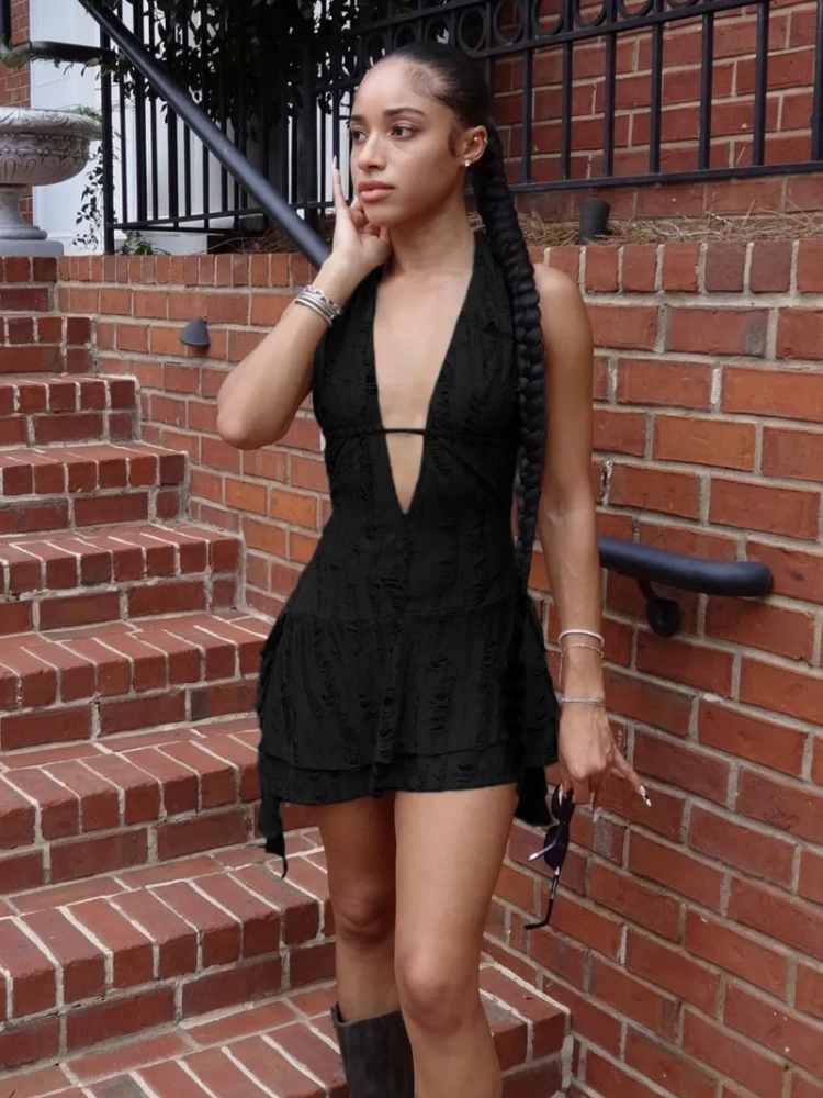 BOOFEENAA Trashy Y2k Summer Dresses Sexy Woman Clothes Deep V Neck Backless Mini Dress Music Festival Outfits P67-DZ28