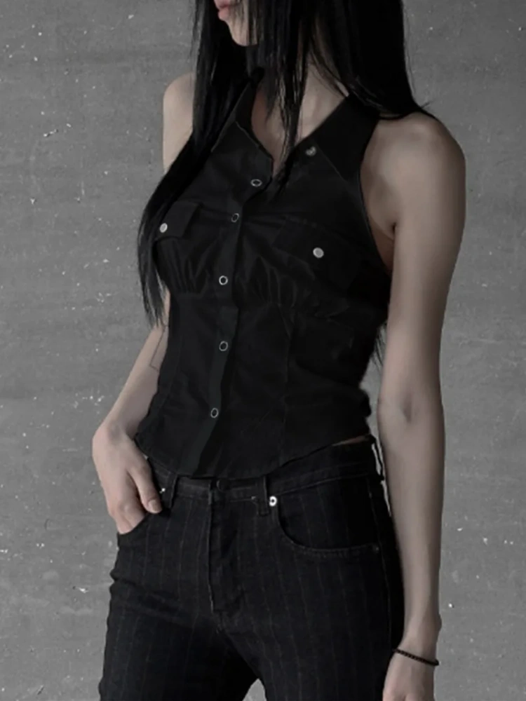 BOOFEENAA Double Pockets Button Up Sleeveless Shirts White Black Backless Halter Top 2000s Clothes Y2k Streetwear P77-CE10