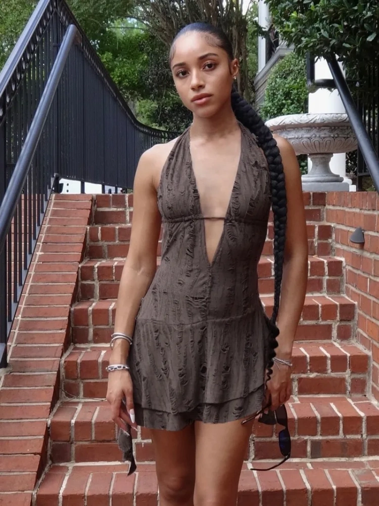 BOOFEENAA Trashy Y2k Summer Dresses Sexy Woman Clothes Deep V Neck Backless Mini Dress Music Festival Outfits P67-DZ28