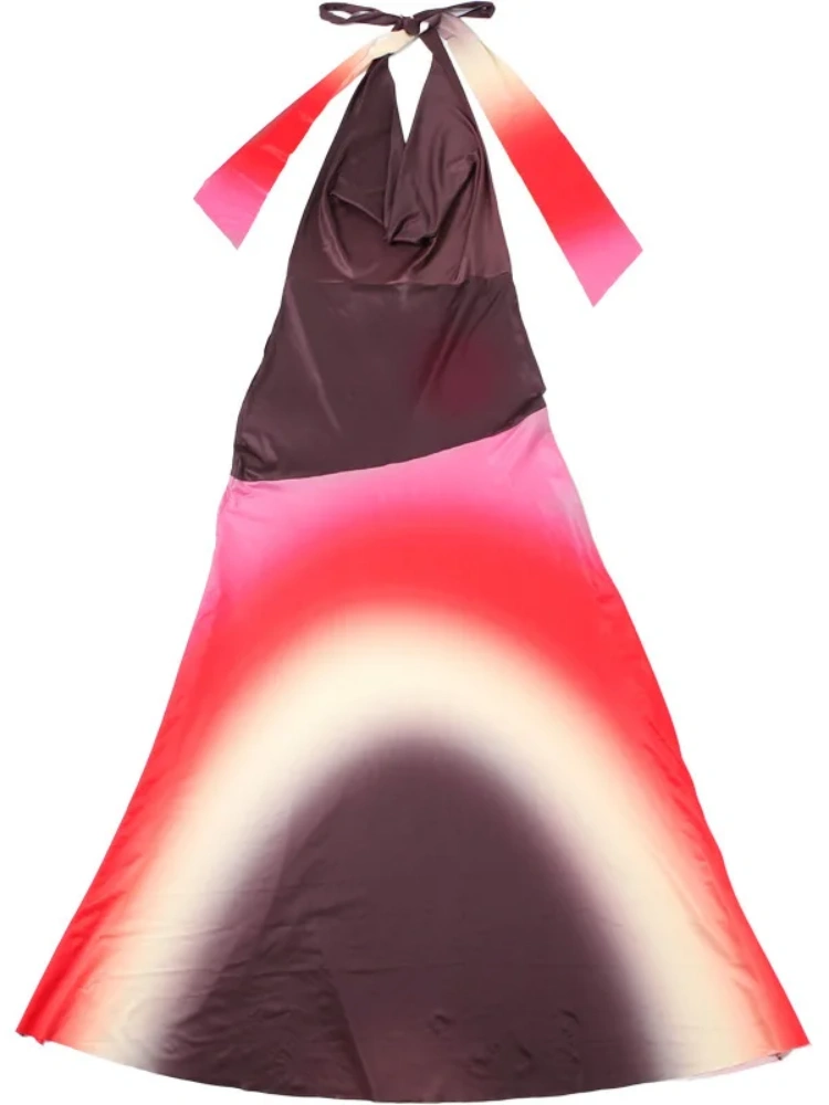 BOOFEENAA Gradient Printed Cowl Neck Backless Long Flowy Dresses for Summer 2025 Elegant Vacation Outfits Woman C83-CF41