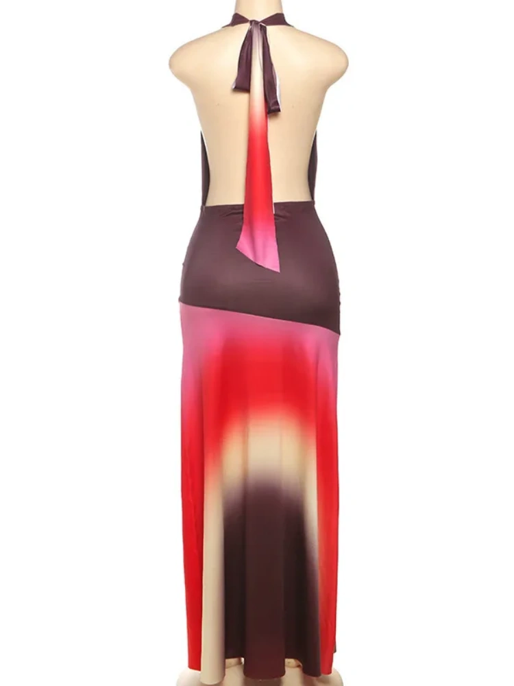 BOOFEENAA Gradient Printed Cowl Neck Backless Long Flowy Dresses for Summer 2025 Elegant Vacation Outfits Woman C83-CF41