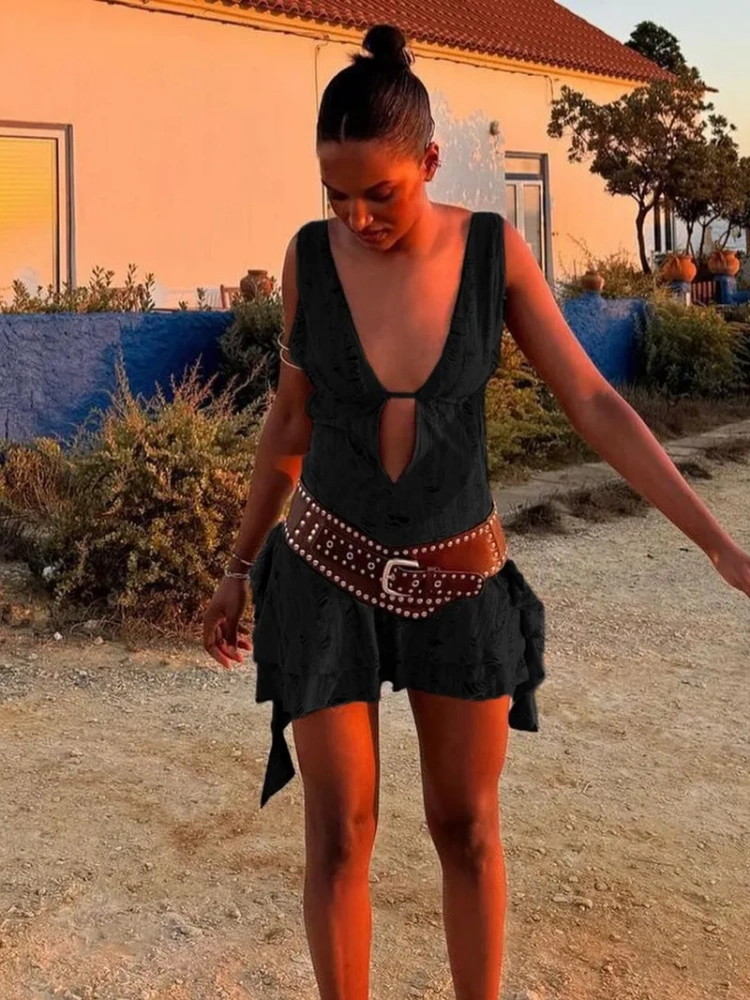 BOOFEENAA Trashy Y2k Summer Dresses Sexy Woman Clothes Deep V Neck Backless Mini Dress Music Festival Outfits P67-DZ28