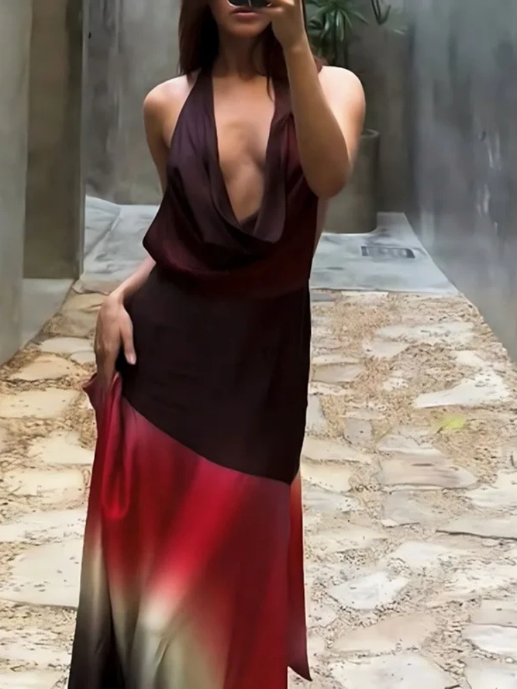 BOOFEENAA Gradient Printed Cowl Neck Backless Long Flowy Dresses for Summer 2025 Elegant Vacation Outfits Woman C83-CF41