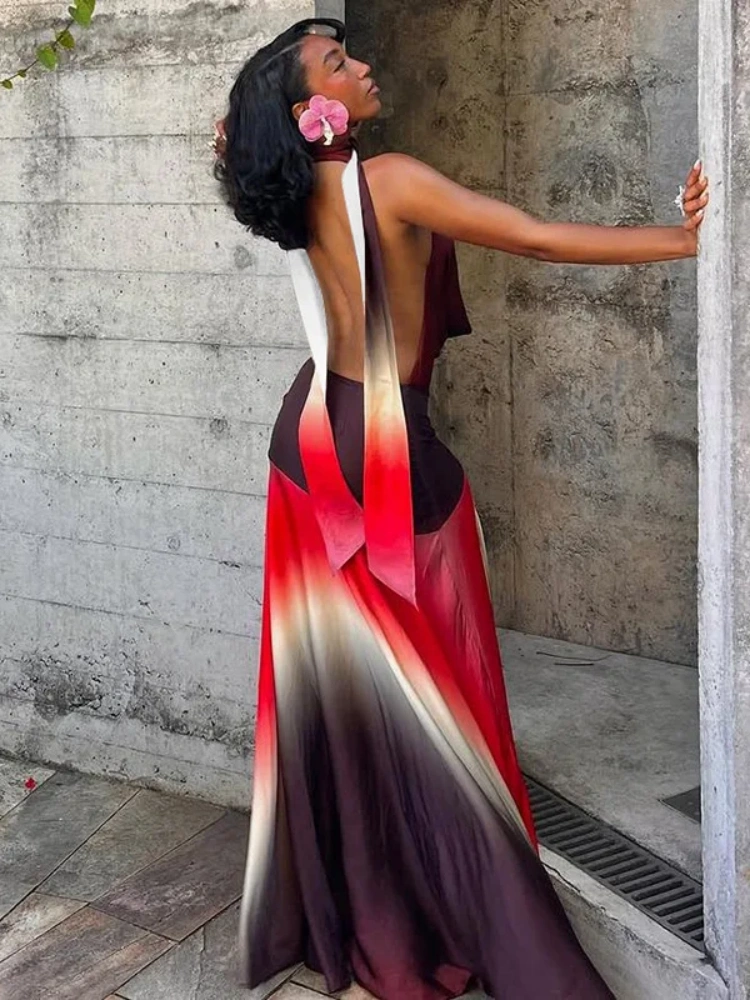 BOOFEENAA Gradient Printed Cowl Neck Backless Long Flowy Dresses for Summer 2025 Elegant Vacation Outfits Woman C83-CF41