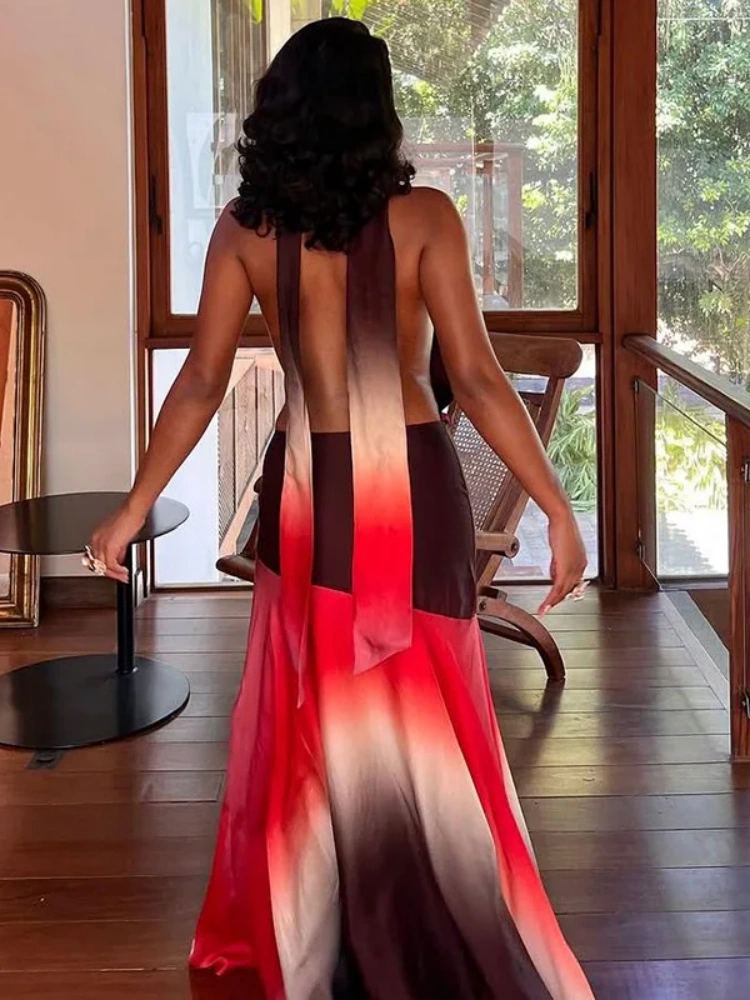 BOOFEENAA Gradient Printed Cowl Neck Backless Long Flowy Dresses for Summer 2025 Elegant Vacation Outfits Woman C83-CF41