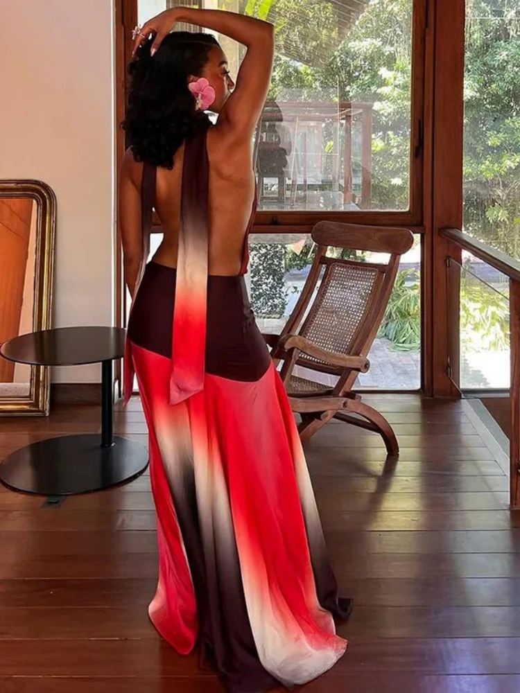 BOOFEENAA Gradient Printed Cowl Neck Backless Long Flowy Dresses for Summer 2025 Elegant Vacation Outfits Woman C83-CF41