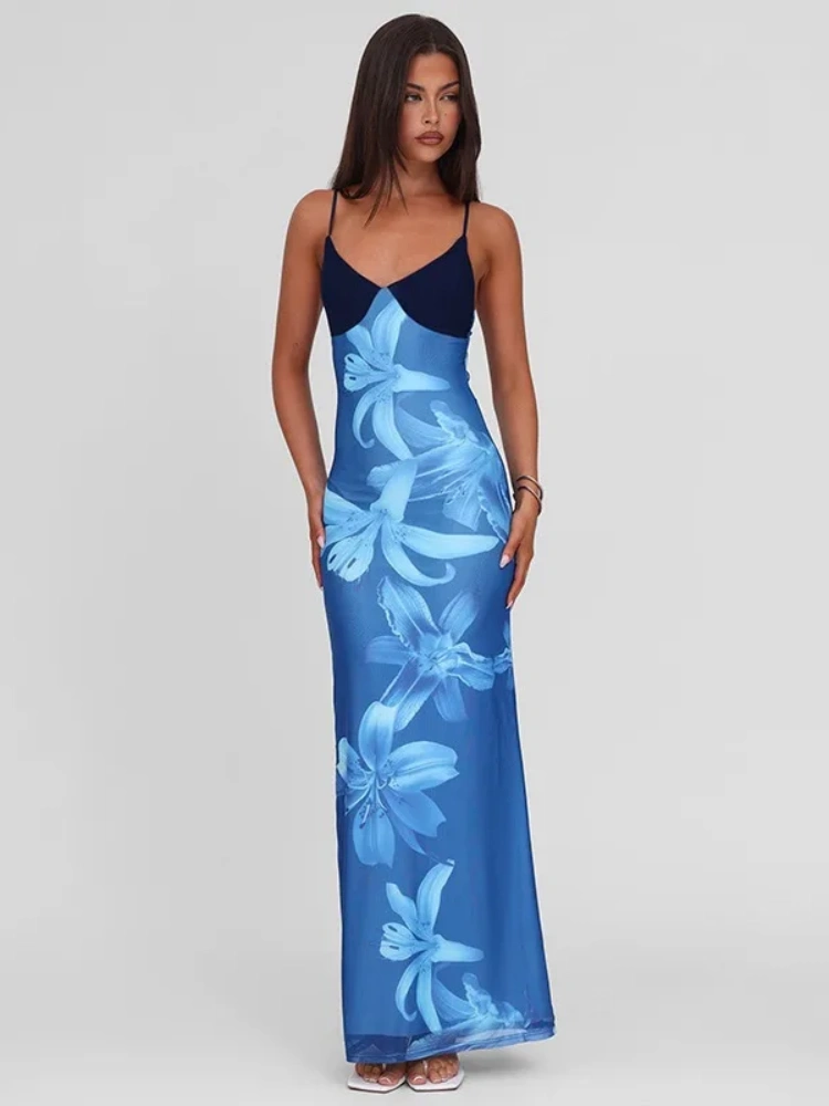 BOOFEENAA Blue Flower Mesh Elegant Summer Dresses Woman Resort Wear Sexy Spaghetti Strap V-neck Backless Long Dresses C15-DZ46