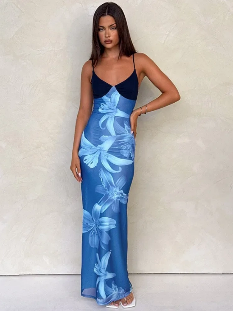 BOOFEENAA Blue Flower Mesh Elegant Summer Dresses Woman Resort Wear Sexy Spaghetti Strap V-neck Backless Long Dresses C15-DZ46