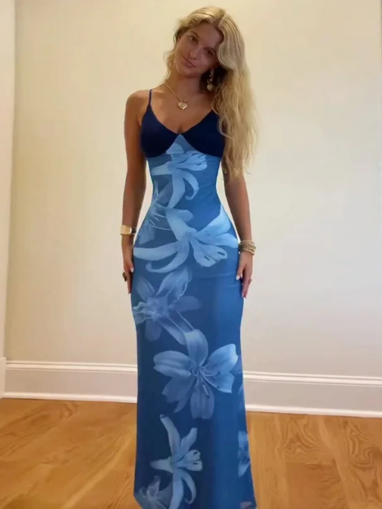BOOFEENAA Blue Flower Mesh Elegant Summer Dresses Woman Resort Wear Sexy Spaghetti Strap V-neck Backless Long Dresses C15-DZ46