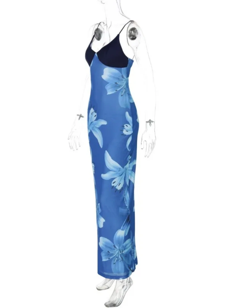 BOOFEENAA Blue Flower Mesh Elegant Summer Dresses Woman Resort Wear Sexy Spaghetti Strap V-neck Backless Long Dresses C15-DZ46