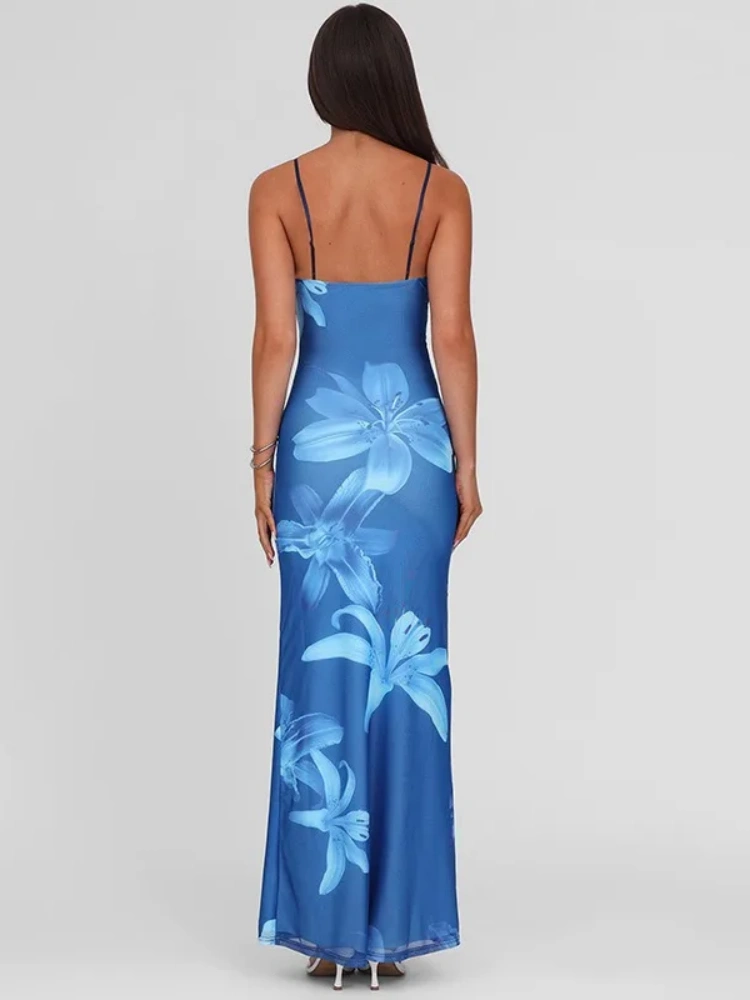 BOOFEENAA Blue Flower Mesh Elegant Summer Dresses Woman Resort Wear Sexy Spaghetti Strap V-neck Backless Long Dresses C15-DZ46