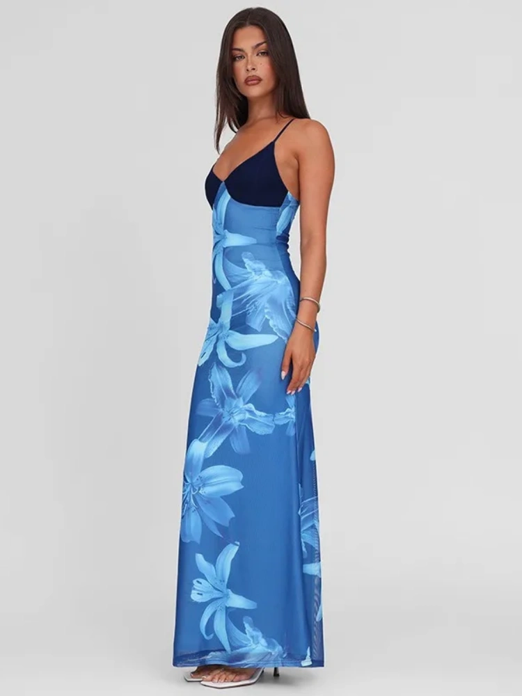 BOOFEENAA Blue Flower Mesh Elegant Summer Dresses Woman Resort Wear Sexy Spaghetti Strap V-neck Backless Long Dresses C15-DZ46
