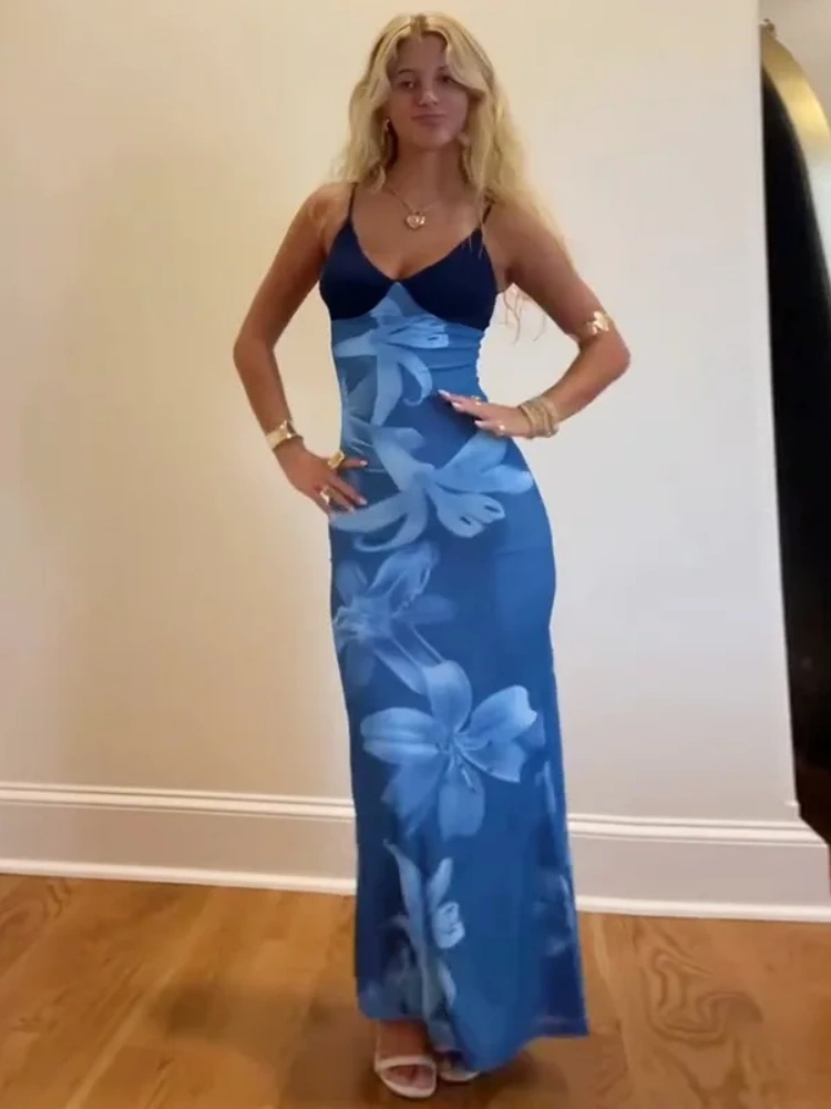 BOOFEENAA Blue Flower Mesh Elegant Summer Dresses Woman Resort Wear Sexy Spaghetti Strap V-neck Backless Long Dresses C15-DZ46