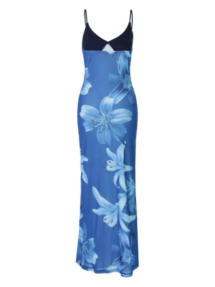 BOOFEENAA Blue Flower Mesh Elegant Summer Dresses Woman Resort Wear Sexy Spaghetti Strap V-neck Backless Long Dresses C15-DZ46
