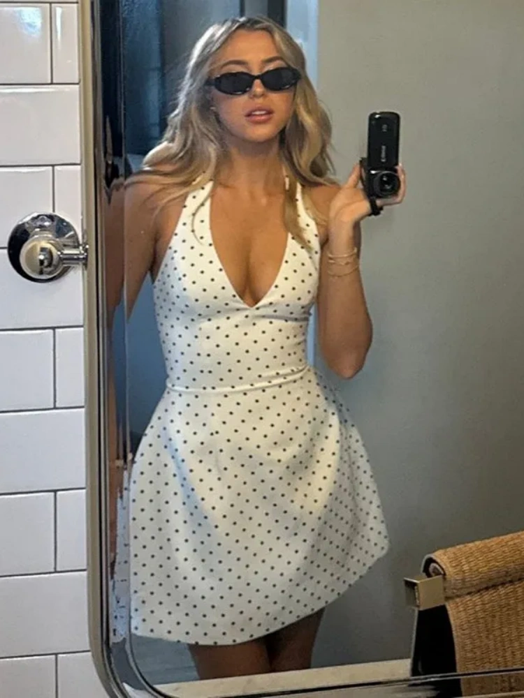 BOOFEENAA Polka Dot Print White Summer Dress Woman 2025 Elegant Retro Deep V Neck Backless A-line Short Dresses C95-DZ32