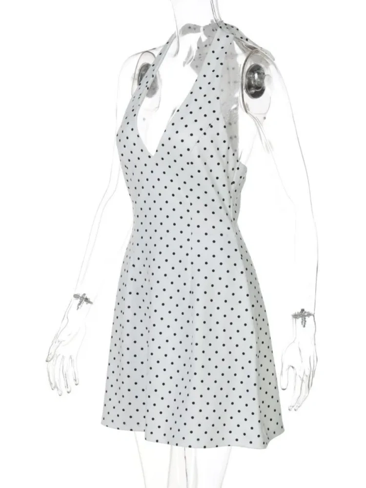 BOOFEENAA Polka Dot Print White Summer Dress Woman 2025 Elegant Retro Deep V Neck Backless A-line Short Dresses C95-DZ32