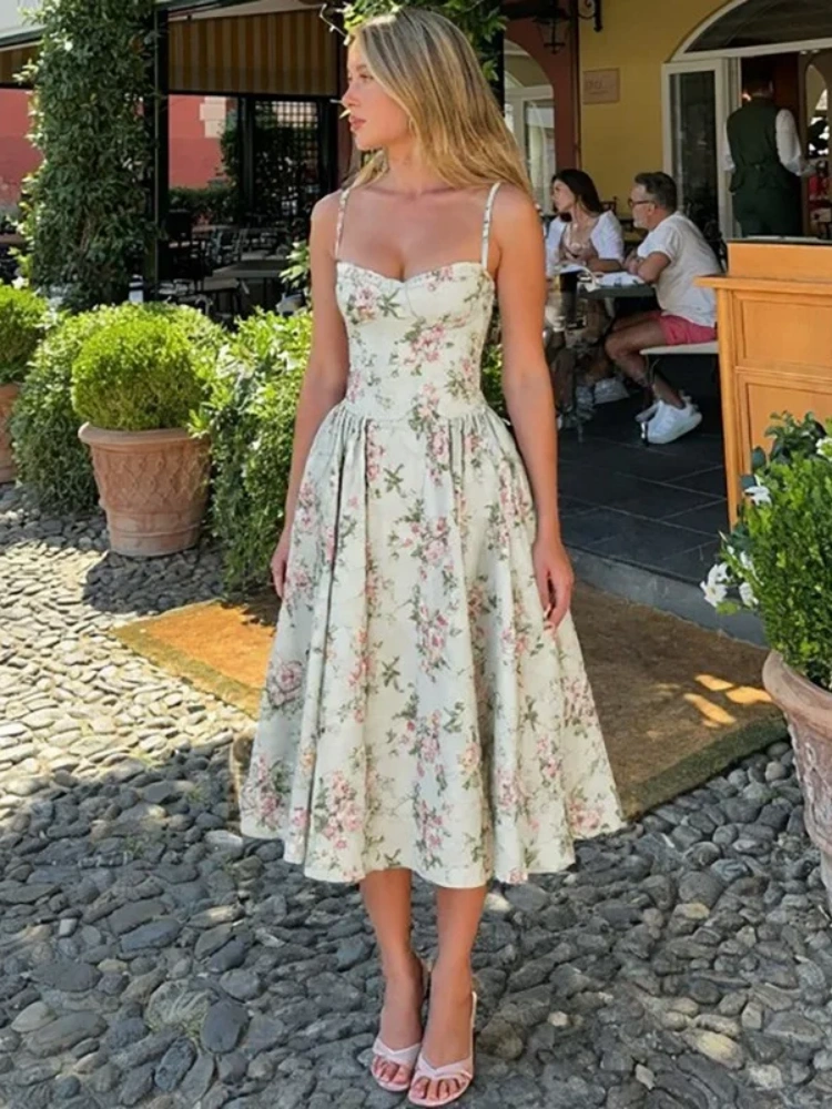 BOOFEENAA Green Flower Sun Dresses for Woman Spaghetti Strap Backless Long Dresses French Style Elegant Vacation Outfits C15FZ46
