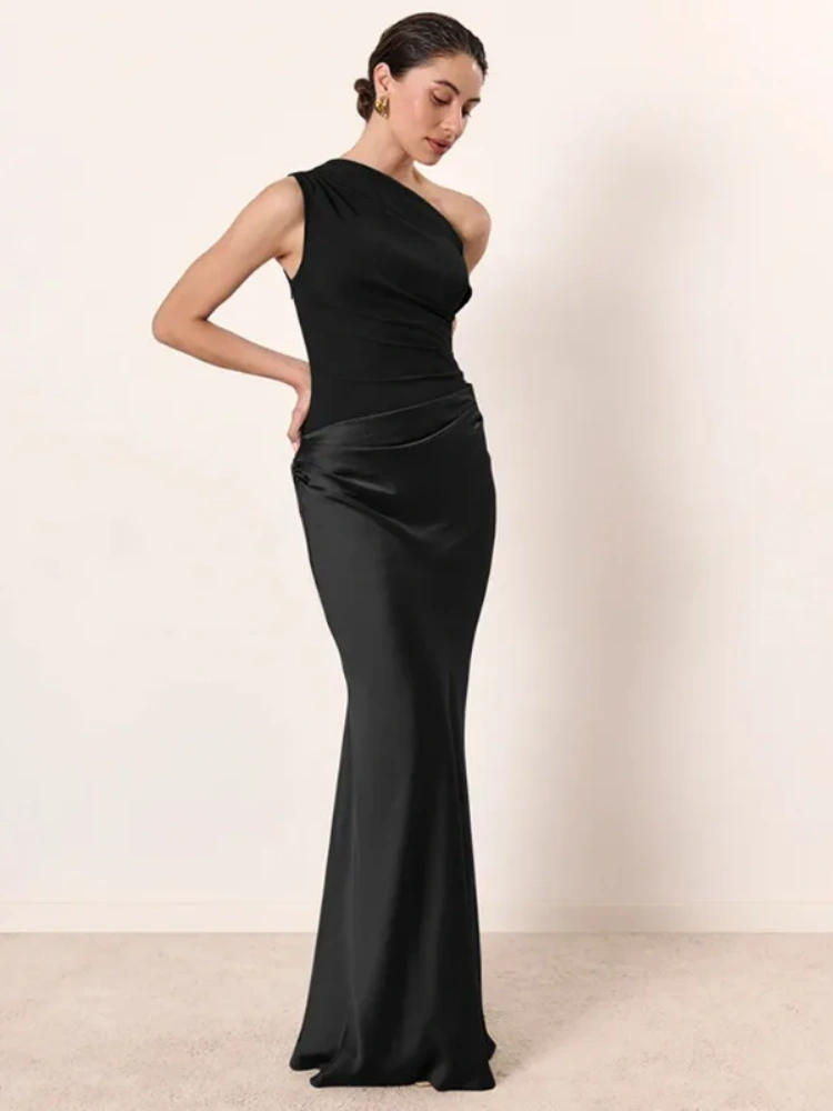 BOOFEENAA Satin Patchwork One Shoulder Backless Maxi Dress Elegant Evening Dresses Woman Party Outfits Summer 2025 C92-DH30