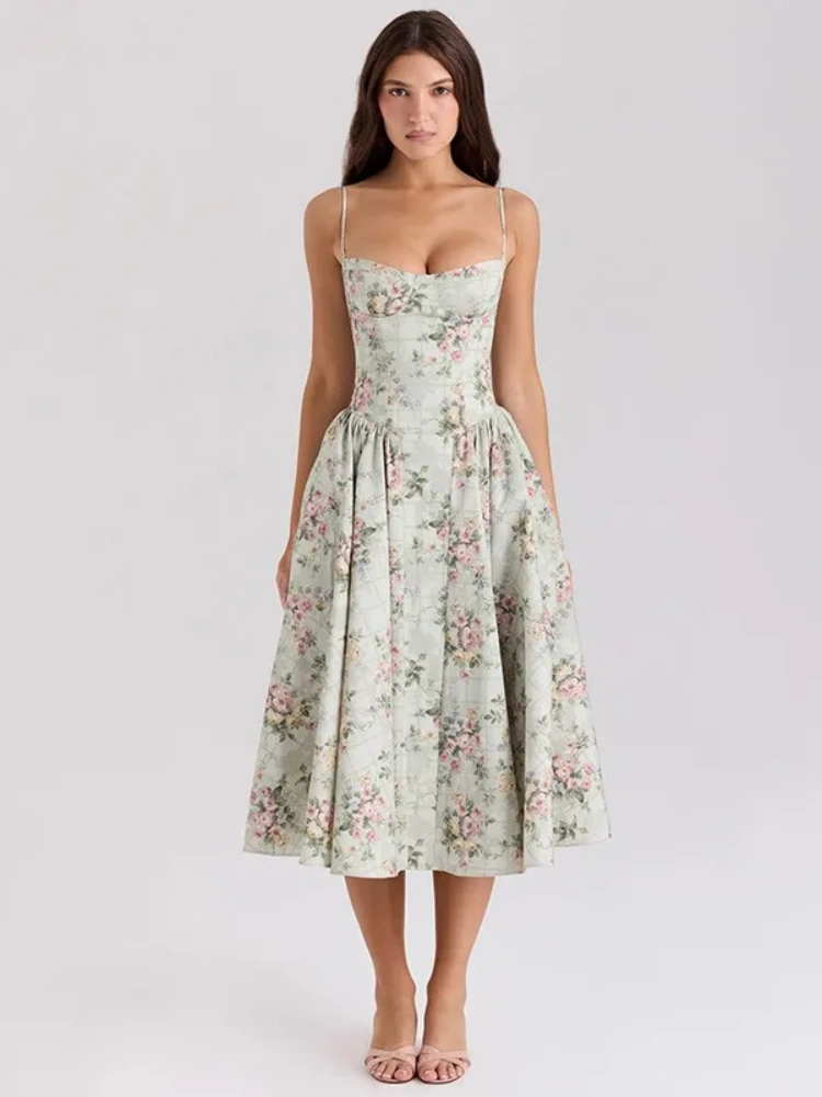 BOOFEENAA Green Flower Sun Dresses for Woman Spaghetti Strap Backless Long Dresses French Style Elegant Vacation Outfits C15FZ46