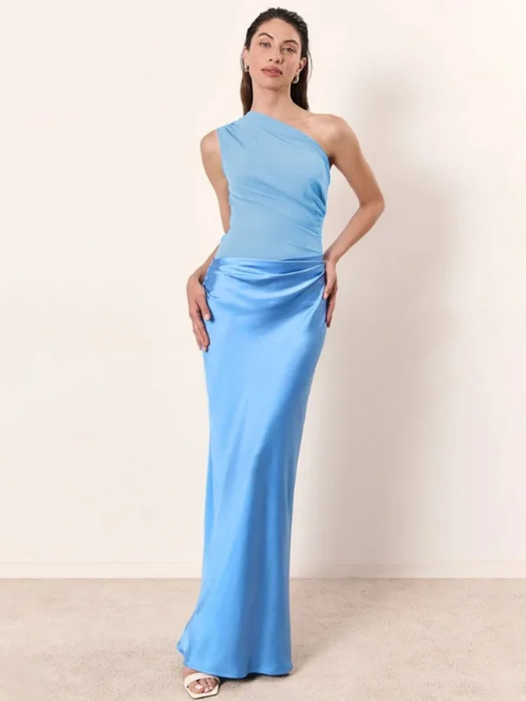 BOOFEENAA Satin Patchwork One Shoulder Backless Maxi Dress Elegant Evening Dresses Woman Party Outfits Summer 2025 C92-DH30