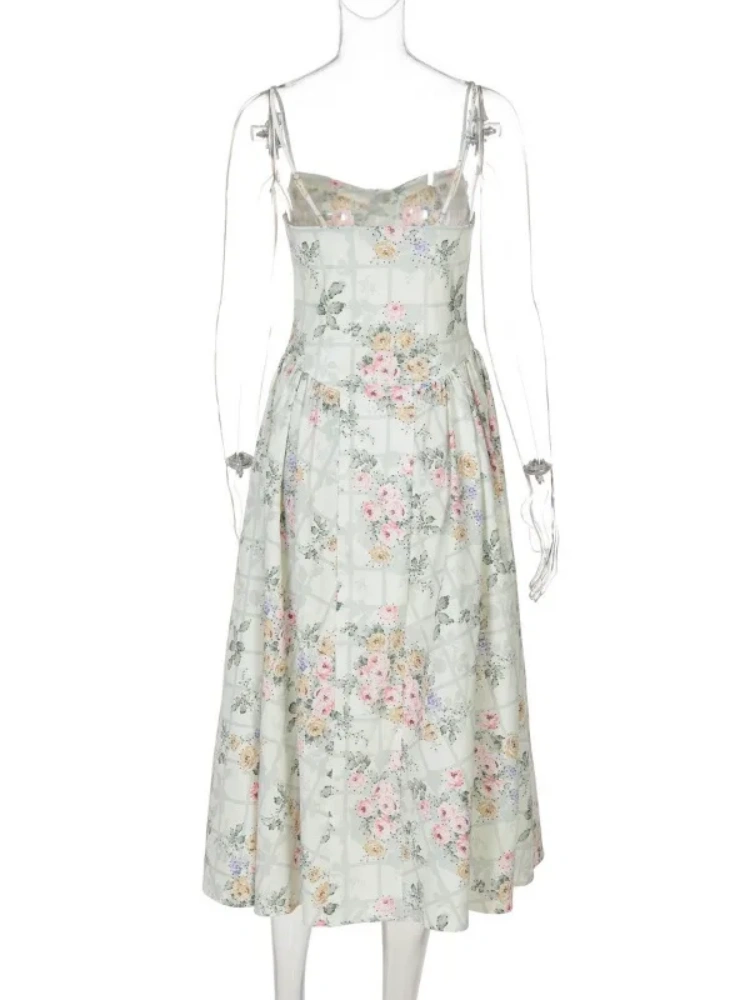 BOOFEENAA Green Flower Sun Dresses for Woman Spaghetti Strap Backless Long Dresses French Style Elegant Vacation Outfits C15FZ46