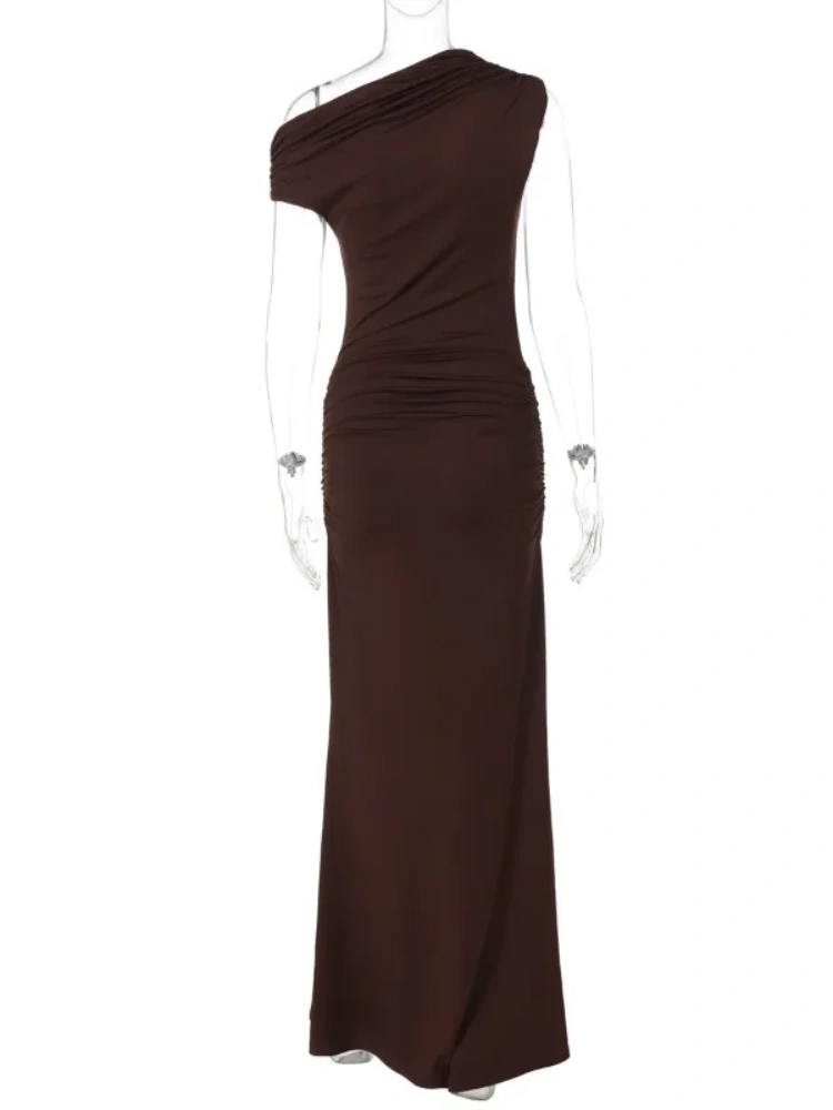 BOOFEENAA One Shoulder Fishtail Long Maxi Dresses Brown Elegant Dresses Woman 2025 C70-CG39