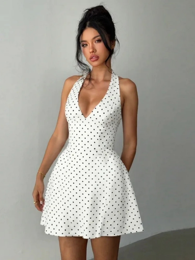 BOOFEENAA Polka Dot Print White Summer Dress Woman 2025 Elegant Retro Deep V Neck Backless A-line Short Dresses C95-DZ32