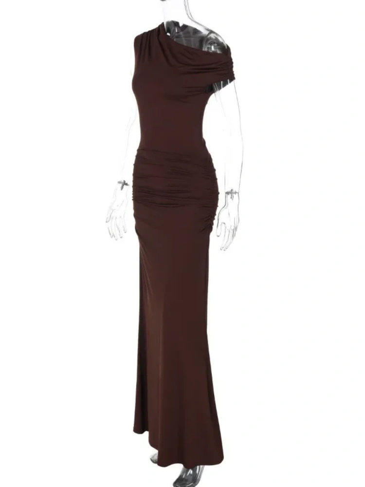 BOOFEENAA One Shoulder Fishtail Long Maxi Dresses Brown Elegant Dresses Woman 2025 C70-CG39