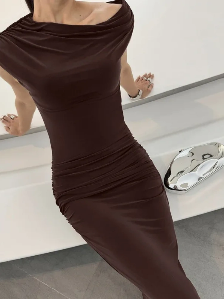 BOOFEENAA One Shoulder Fishtail Long Maxi Dresses Brown Elegant Dresses Woman 2025 C70-CG39